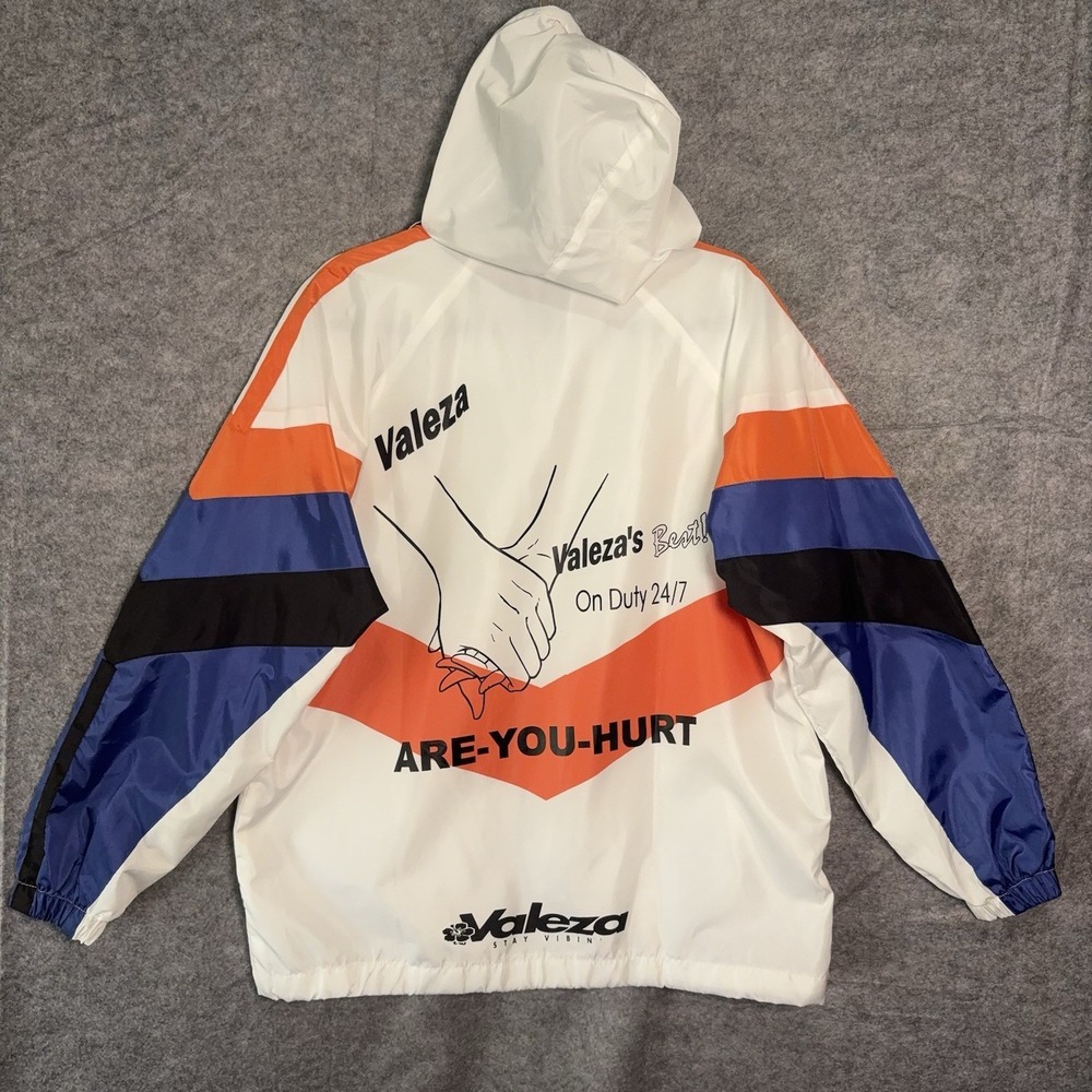 Valeza Anime Windbreaker Jacket Mens Sz L White‎ Hooded Are You Hurt Pockets